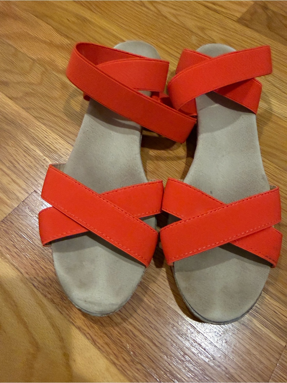 CHARLESTON SHOE CO. Amelia Pimento Orange Crisscross Elastic Strap Flat Sandals